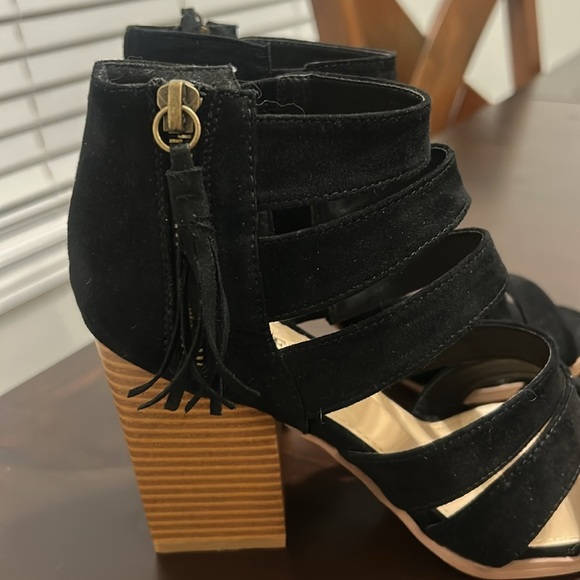 Just Fab Microfibre Strappy Open Toe Chunky Wooden Heels Sandals Black Size 8 - Picture 5 of 14